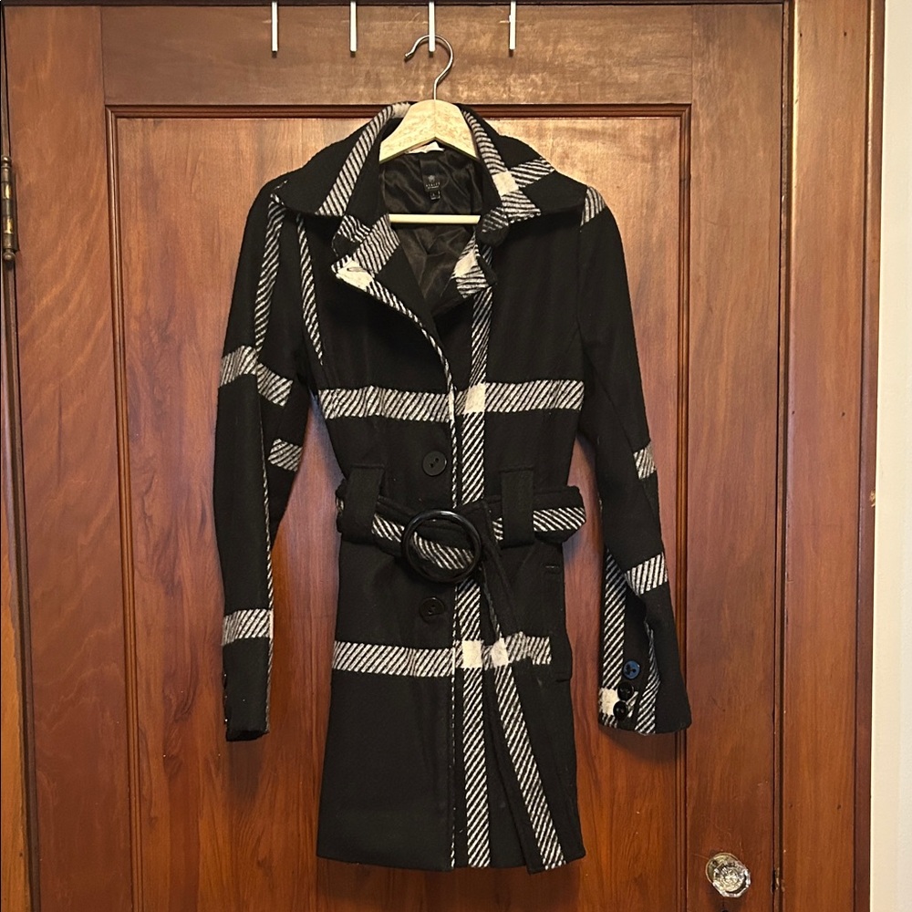 Plaid Black and White Women's Wool Coat